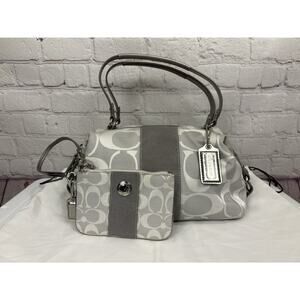 NICE Coach Silver Graphite Signature C Stripe Zip Tote Bag Purse Wallet Dust Bag